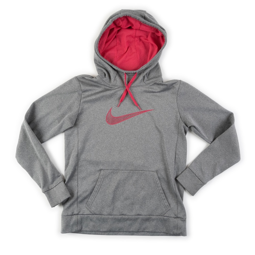 NIKE Dri-Fit fleece pullover hoodie grey with pink swoosh logo size S